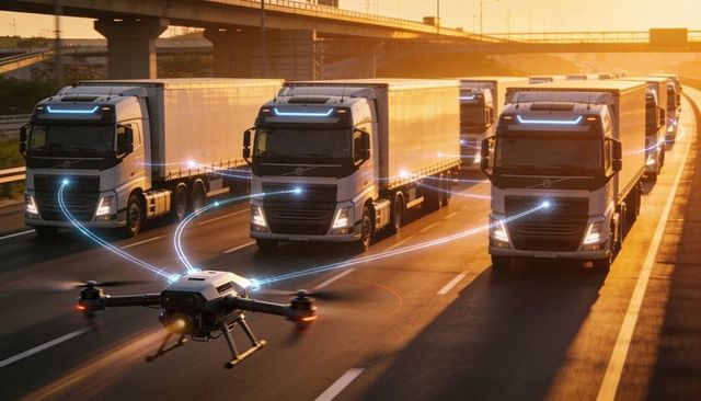 Autonomous drone linking convoy of trucks on highway at sunset for smart logistics
