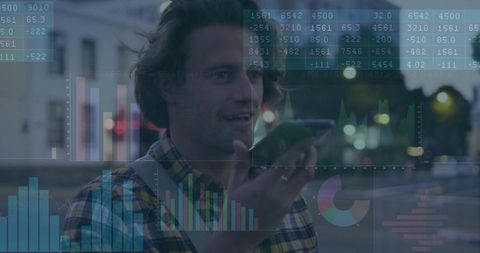 Smiling man using smartphone in urban environment with graphical overlays