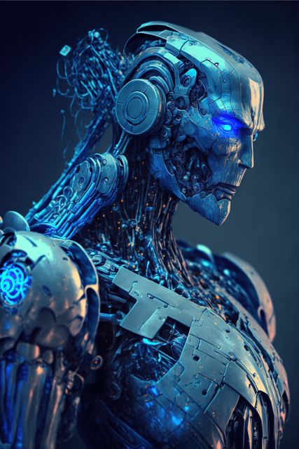 Futuristic Cyborg with Glowing Blue Eyes and Mechanical Details - Download Free Stock Images Pikwizard.com