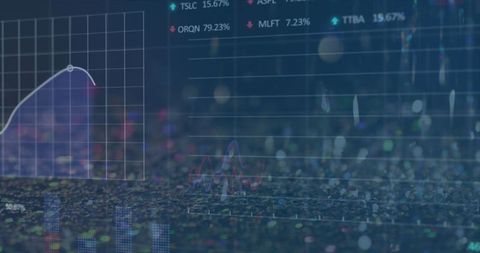 Silver coins falling on stock market data abstract overlay