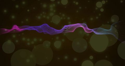 Undulating luminous waveform flowing across dark background with bokeh particles