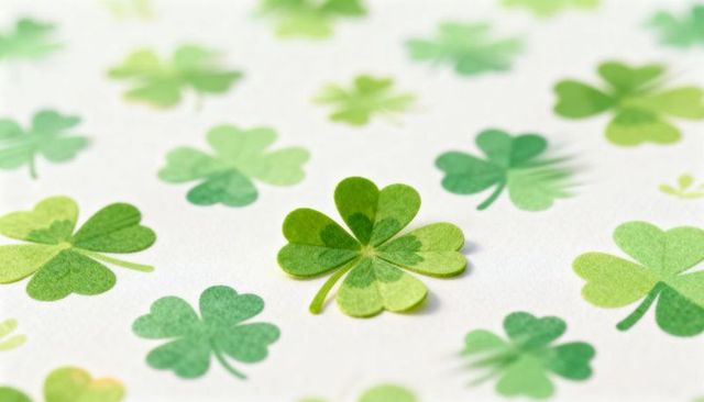 Featuring raised four-leaf clover papercut on white paper with scattered green clovers