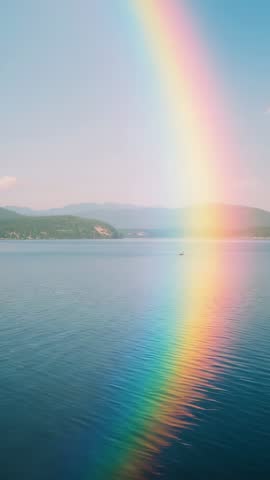 Vertical Lake Rainbow Drifting Over Calm Water Reflecting Near Small Boat