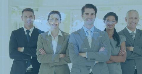 Global Executive Team Standing Confidently with Digital World Map Overlay