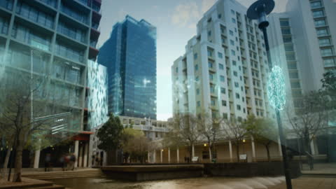 Cityscape with Digital Data Overlay Illustrating Technology