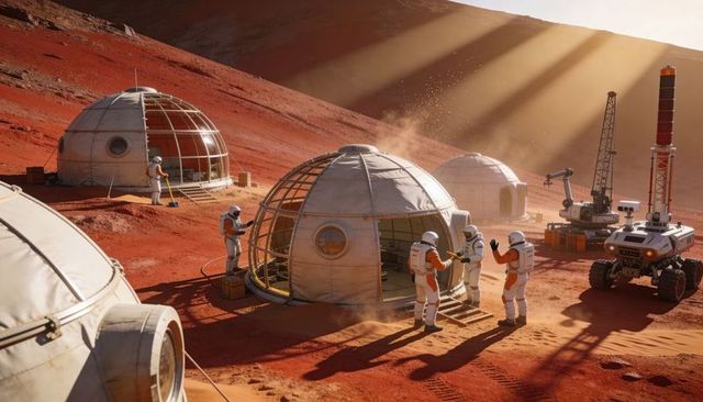 Mars colonists gathering at dome airlock with rover, sunbeams, dust and modular habitats