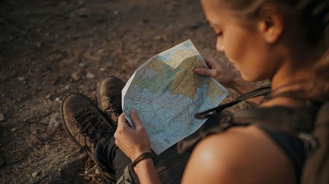 Sunlit hiker studying topographic map on trail with boots and backpack strap