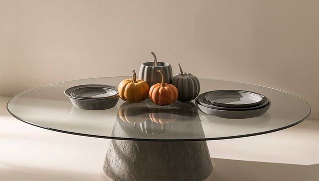 Glass Table Centerpiece with Mini Pumpkins, Gray Ceramic Bowls and Concrete Pedestal