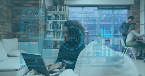 Digital Interface Over Woman Working on Laptop in Modern Office