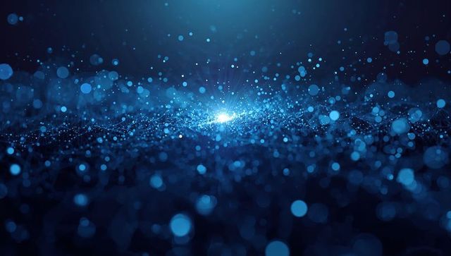 Cyan particle field with central radiant light futuristic digital network and bokeh glow