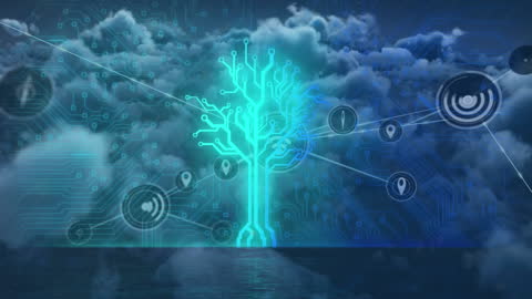Futuristic Technology Tree in Digital Cloud Network