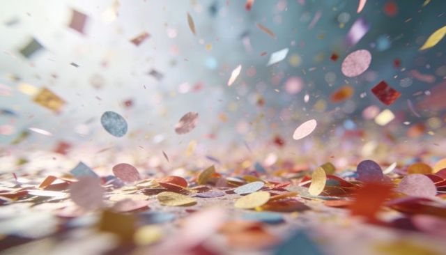Floating colorful confetti drift across low tabletop plane with soft bokeh highlights