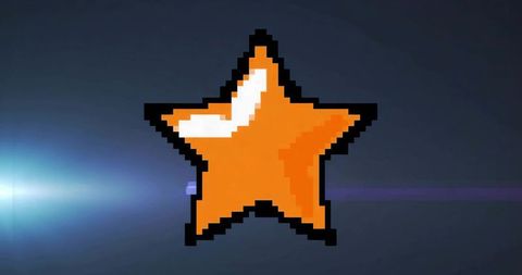 Pixelated Orange Star Glowing with Neon Lens Flare on Dark Futuristic Gradient