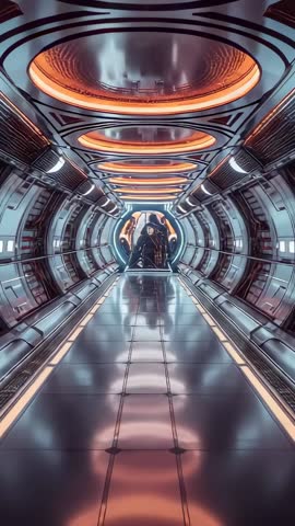 Armored figure walking toward camera under glowing rings in futuristic corridor | Vertical clip