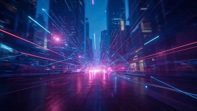 Cyberpunk Urban Street with Neon Light Streaks in Night