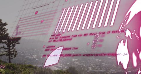 Abstract data processing over city view with pink hues