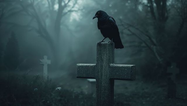 Black Crow Perching on Cross in Misty Cemetery at Dawn