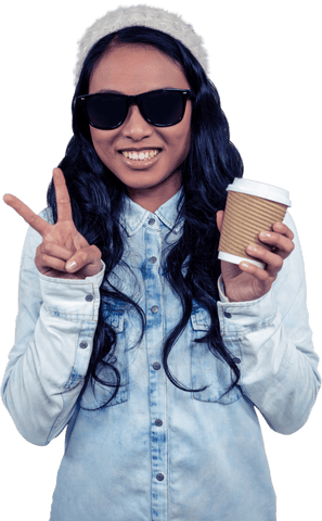 Confident Asian Woman in Denim Holding Coffee Cup with Peace Sign Transparent Background