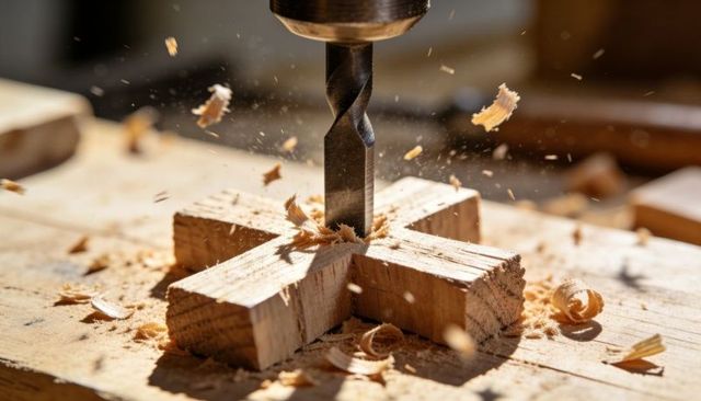 Drill press cutting cross-lap joint in hardwood block, flying sawdust and shavings