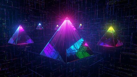 Neon Pyramid Network projecting Holographic Light Beams in Futuristic Cyber Grid Interface