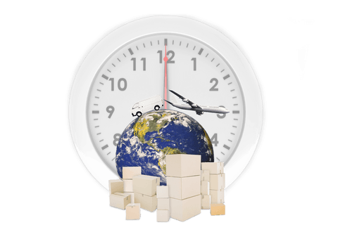 Transparent clock and globe for global shipping concept