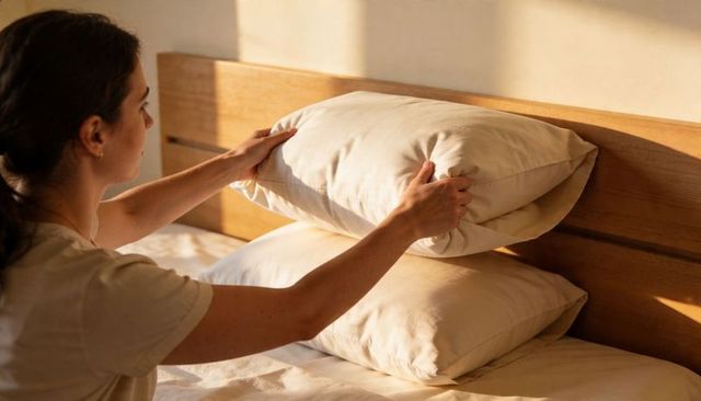 Woman adjusting pillows on sunlit wooden bed for cozy neutral bedroom morning