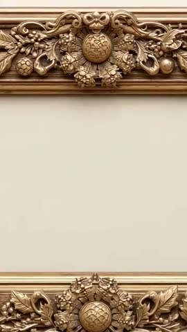 Vertical video capturing gilded baroque molding gliding toward ornate medallion close-up
