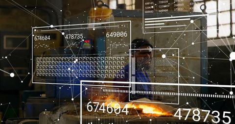 Technician stirring molten metal with ar panels in modern foundry