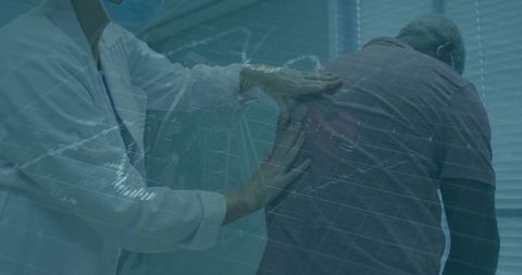 Clinician examining patient with stethoscope and digital health analytics overlay