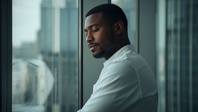 Contemplative businessman gazing through office window with city view