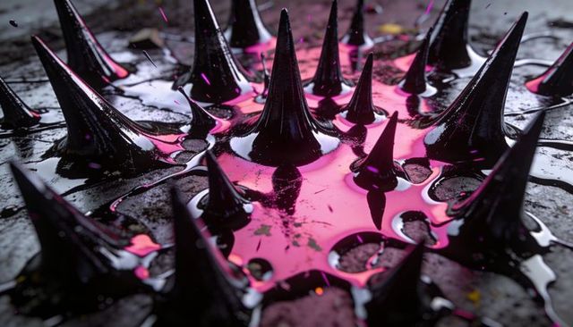 Glossy Black Conical Spikes Glistening with Neon Pink Liquid on Reflective Surface