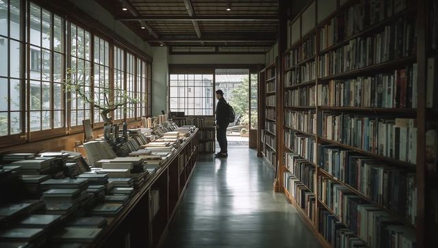 Solitary bookshop aisle with sunlit wooden shelves, contemplative man browsing books