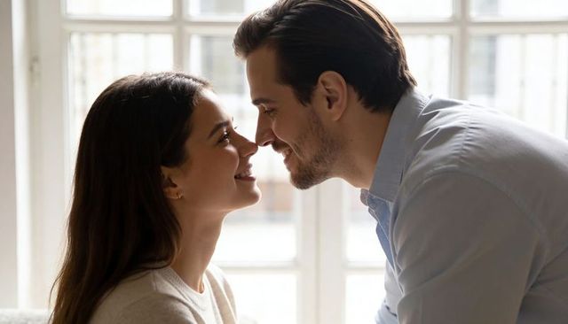 Smiling couple leaning close by sunlit window sharing intimate moment