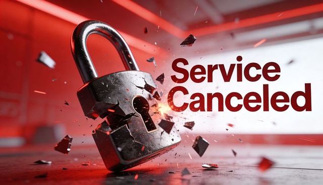 Heavy padlock shattering into sparks and shards while 'service canceled' message dominates