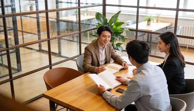 Manager reviewing documents with team discussing strategy in modern glass office