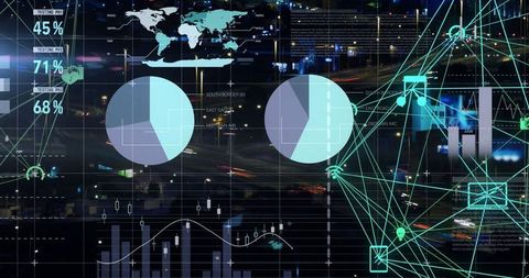 Futuristic data visualization overlay on urban nighttime highway