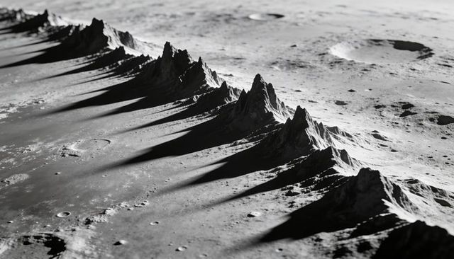 Jagged lunar mountain ridge casting long angular shadows across cratered mare and regolith