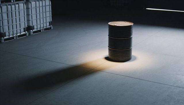 Solitary Rusted Steel Drum Casting Dramatic Long Shadow on Concrete Warehouse Floor