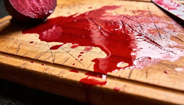 Beet juice dripping wooden cutting board chef knife closeup macro food prep