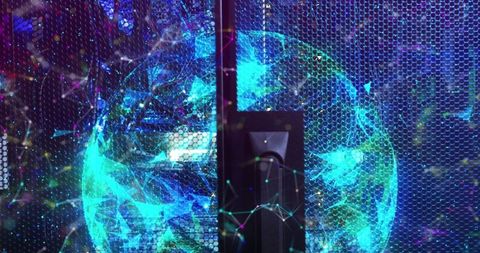Futuristic digital globe overlaying high-tech data center