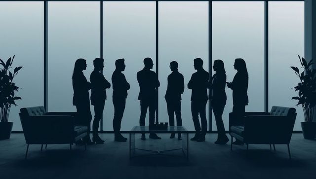 Silhouetted executive team strategizing in modern office lounge with panoramic windows