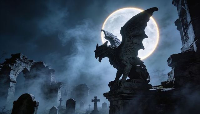 Gargoyle perching on pedestal spreading wings against moon halo over ruined graveyard