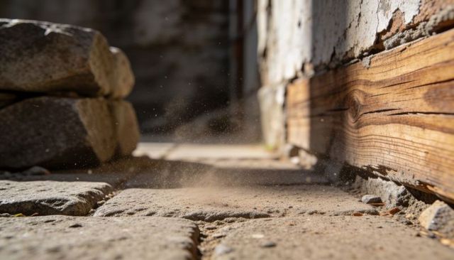 Drifting dust motes over weathered cobblestone courtyard with sunlit timber beam