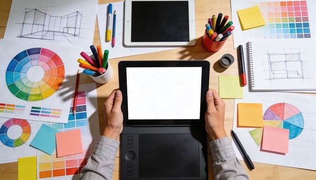 Hands holding tablet over graphic tablet surrounded by color swatches and design sketches