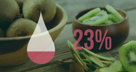 Displaying magenta 23% droplet infographic over fresh kiwi flatlay with wooden bowls