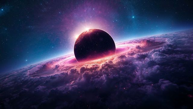 Ethereal Cosmic Scene with Mysterious Planet and Colorful Nebula