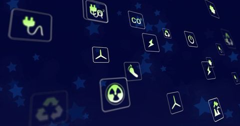 Futuristic Floating Icons Highlighting Green Energy Symbols on Blue Background