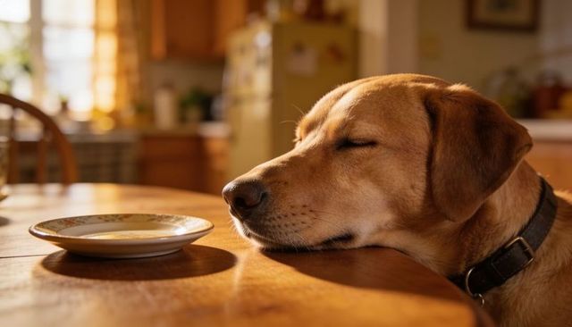 Sunlit dog resting head on wooden kitchen table next to empty plate cozy morning scene