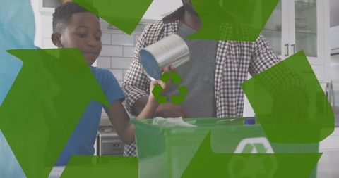 Father and son recycling together promoting sustainability