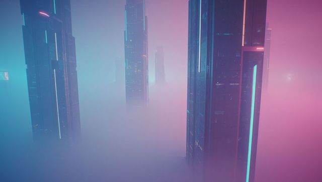 Neon-lit Skyscrapers in Futuristic Misty Skyline